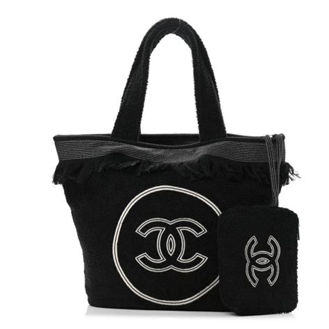 CHANEL Terry Cotton CC Beach Tote Towel Set Black